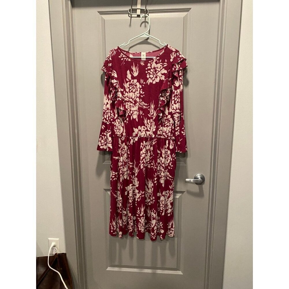 Floral Midi Dress Burgundy Ruffle Elastic Waist Modest Church Teacher Dress XL